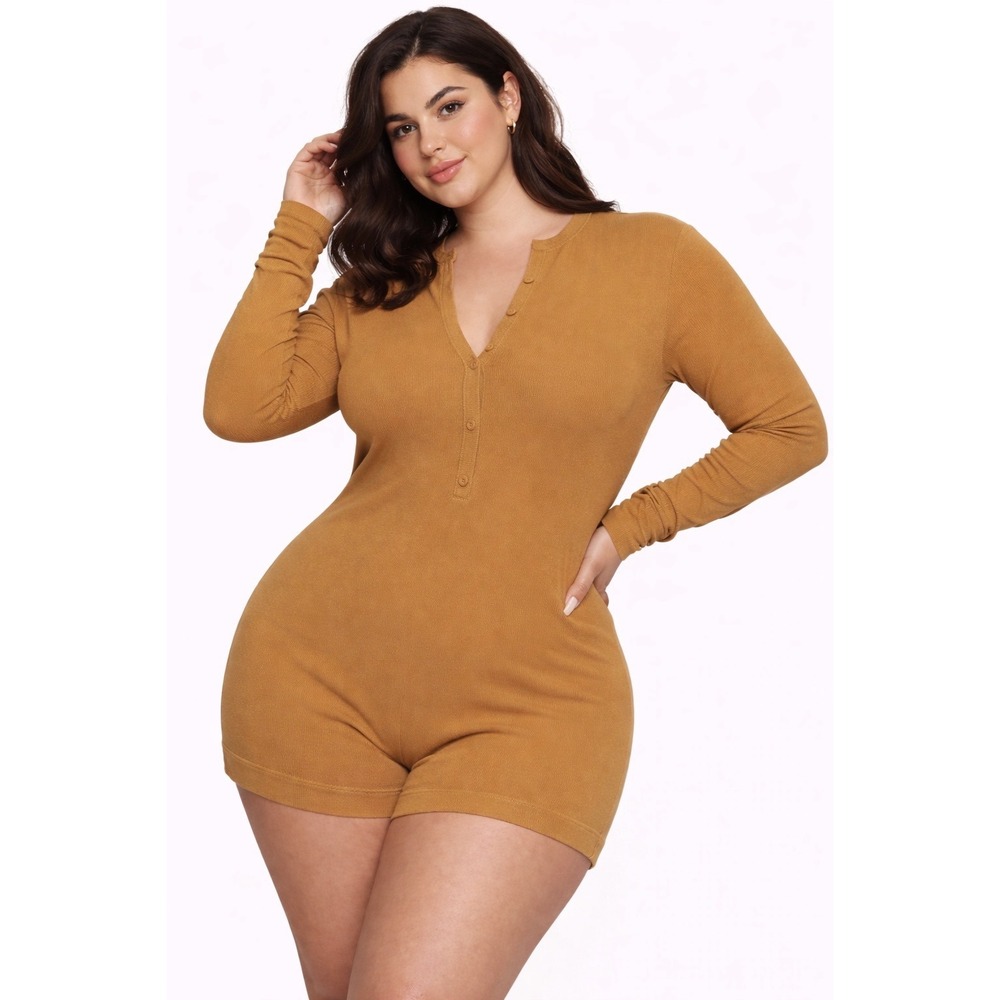 SKIMS Soft Lounge Button Up Henley Romper Gold 4X
